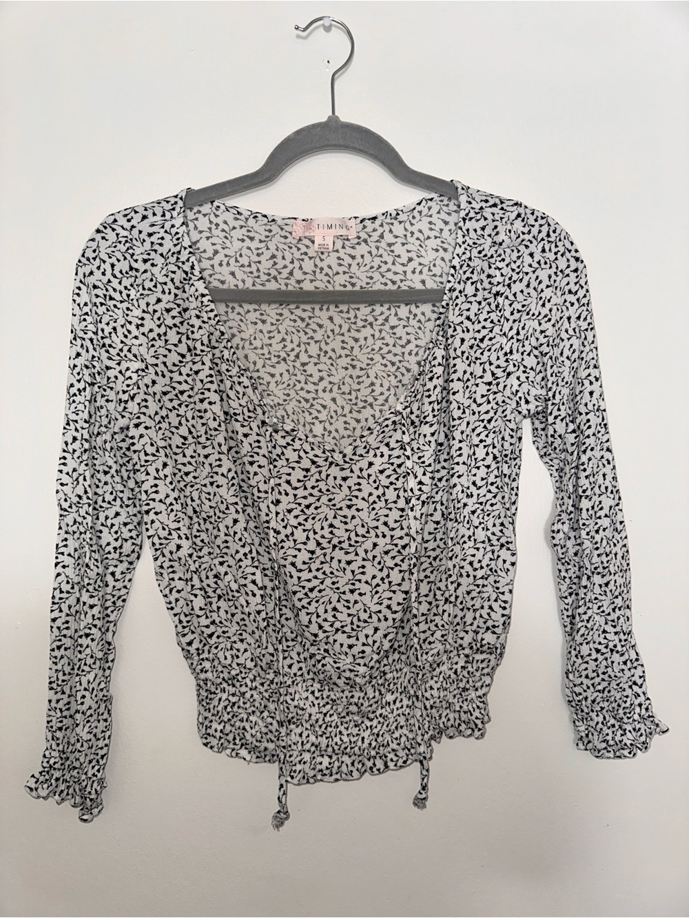 TIMING Black & White Leaf-Print Wrap-Style Blouse
